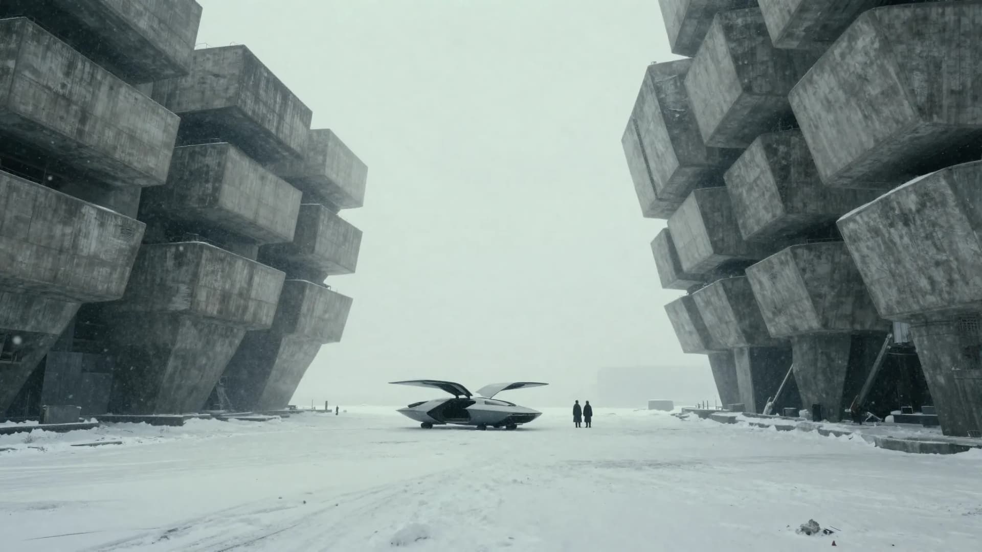 Twee kleine figuren en een voertuig op een besneeuwd plein tussen enorme betonnen gebouwen onder een witte hemel, gemaakt met AI