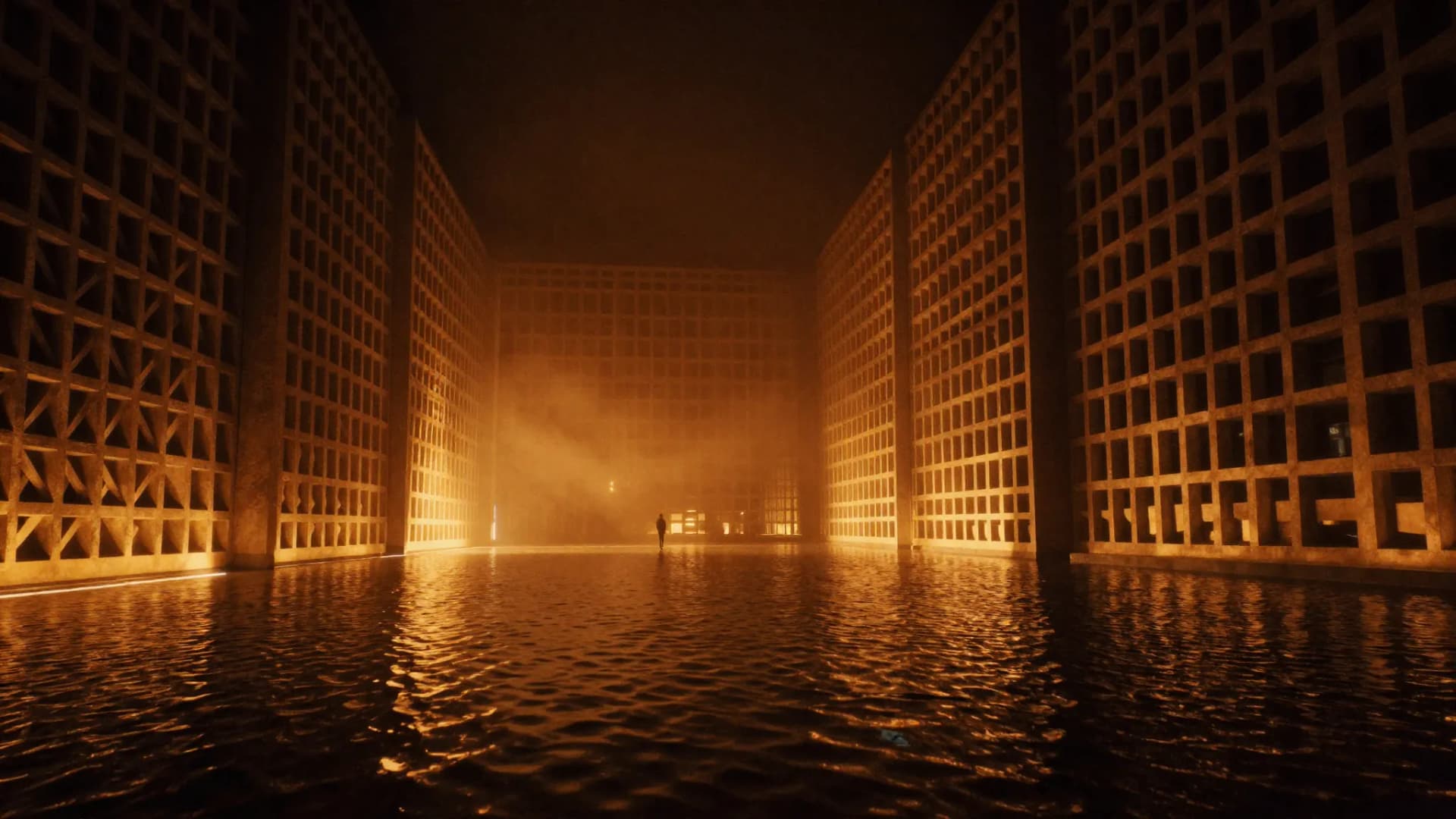 Hoge wanden met een honingraatpatroon, water over de vloer en één silhouet in goudkleurige mist, gemaakt met AI