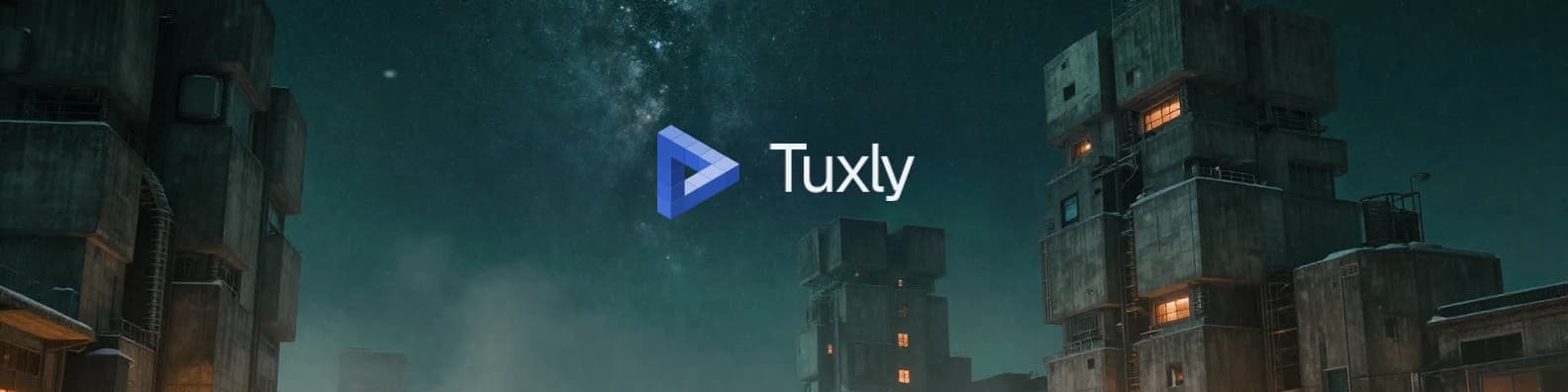 Brede banner met het Tuxly-logo tussen betonnen torens met amberkleurige ramen onder een groenblauwe sterrenhemel, gemaakt met AI